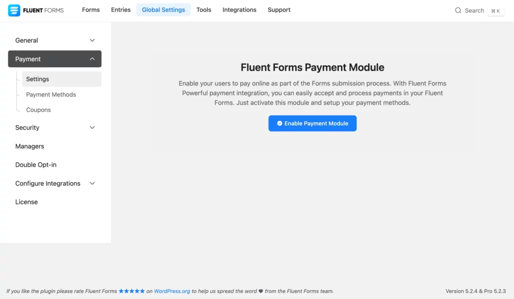 Enabling Fluent Forms Payment Module